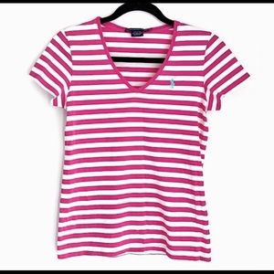 🆕🔥RALPH LAUREN SPORT SUPER CUTE STRIPED V-NECK PINK&WHITE STRIPED VERY SOFT!!
